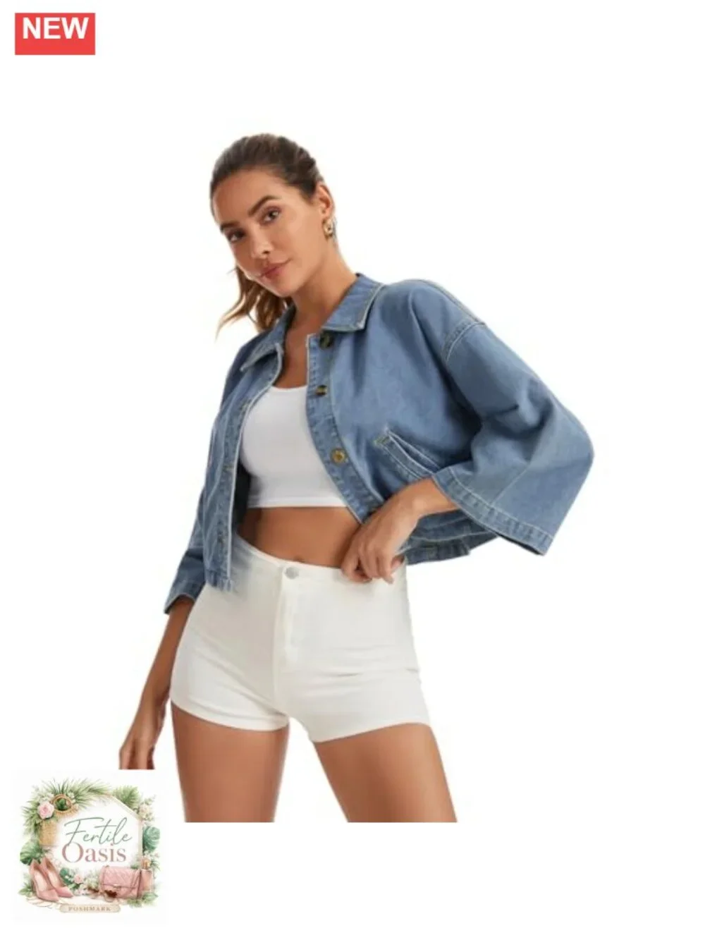 Womens Denim Jacket 3/4 Sleeve Casual Button Down Crop Jean Shirt